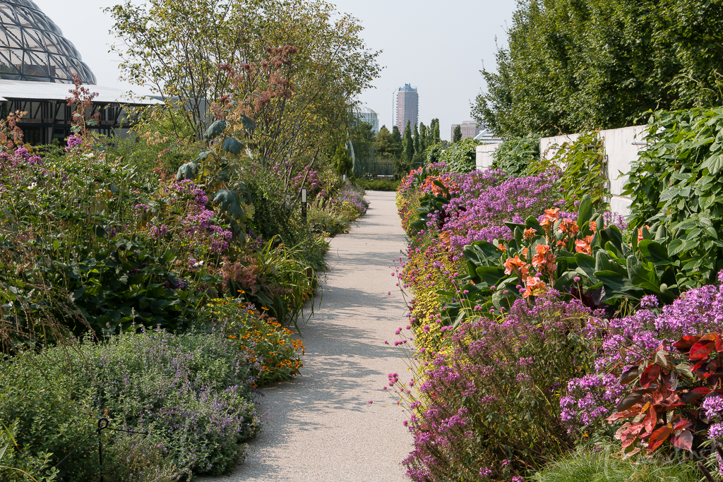 Billowing plantings frame a path and the distant skyline of Des Moines